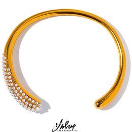 Yhpup élégant imitation perles géométrique en acier inoxydable couleur or 18 carats bracelet manchette bracelet personnalisé texture bijoux cadeau 240115