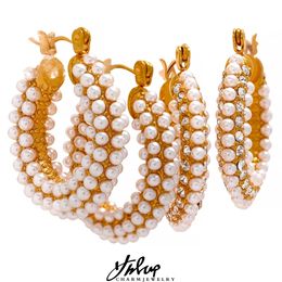 Yhpup exquis luxe en acier inoxydable imitation perles cerceau Huggie boucles d'oreilles romantique élégant mode charme à la mode Chic bijoux 240220