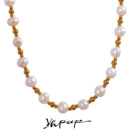 Yhpup cuentas de acero inoxidable mezcla de perlas naturales collar de moda hecho a mano para mujer lujo delicado collier joya de joya elegante
