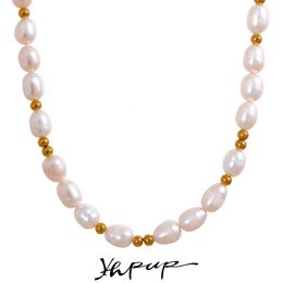 Yhpup Collar impermeable de perlas naturales de acero inoxidable hecho a mano para mujer, cuentas de lujo bohemias, joyería dorada Stylich 240125
