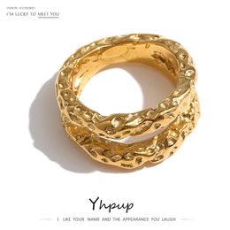 Yhpup – bagues rondes en acier inoxydable pour femmes, Texture dorée, métal plaqué 18 carats, bijoux tendance, cadeau Pour Femme, 240125