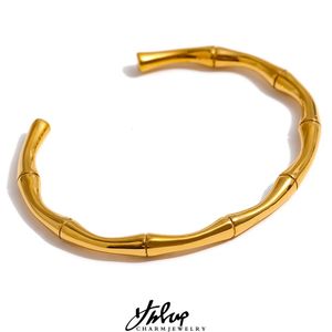 Yhpup imperméable à l'eau en métal Texture en acier inoxydable bambou manchette bracelet 18K plaqué or charme mode Bijoux Bijoux Femme 240219