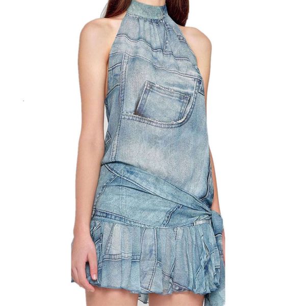 Yi Mengling's Same Y2k Imitation Denim cou robe suspendue, Sexy plissé queue de poisson Blumarine dos nu épicé fille jupe 333313