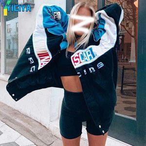 Yiciya Bomber Woman Varsity Jacket Printing Oversize Racing Motorcycle Hip Hop University Baseball Jacket Lange mouwen Coat Top HKD230815