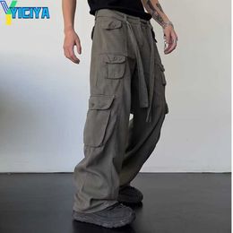 YICIYA GODLIKEU High Street Retro Casual Large Pocket Pantalon cargo ample droit drapé à jambes larges pour hommes
