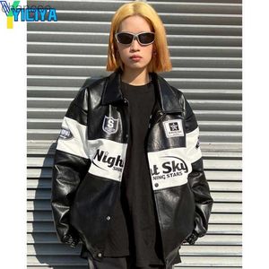 Yiciya Jacket Bomber Women Black Leather Racing Unisex Nieuwe Outerwear Oversize Vintage Varsity Baseball American Jackets Coats HKD230815