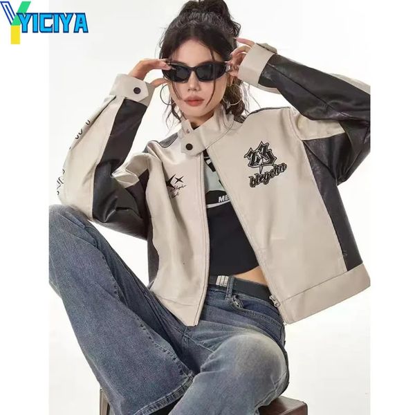 YICIYA veste en cuir étoiles manteaux de voiture de course beige bombardier mode coréenne hiver vestes de moto courtes tenues haut 240111