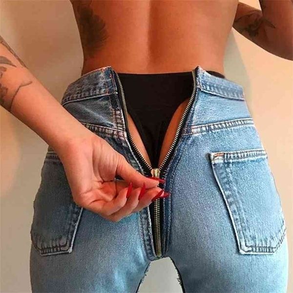 YICIYA Sexy Back Zipper Long Jean Classique Taille Haute Maigre Crayon Bleu Clair Denim Pantalon Élastique Stretch Femme 210809