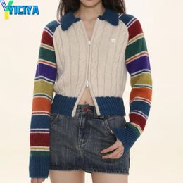 YICIYA vintage College style arc-en-ciel rayure zip tricot Cardigan pull de haute qualité épaississement mode coréenne femmes tricoté 240219