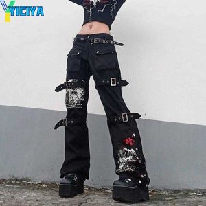 YICIYA Y2K Punk Schedelprint Zwarte Gesp Broek Harajuku Hoge Taille Grote Zak Broek Goth Mall Grunge Cargo Broek Techwear