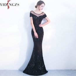 YIDINGZS Élégant Dos Nu Longues Robes De Soirée Simple Paillettes Noires Robe De Soirée LJ201124