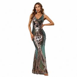 Yidingzs Sexy V Neck Stretch Dr Sequin Evening Dr Elegant Sleevel Party Maxi Dr LG Prom S13K#