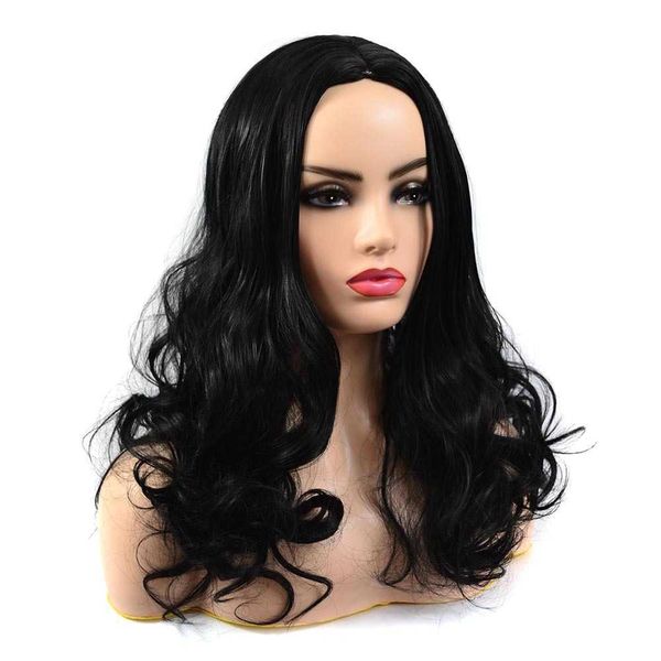 Cédant nouveau style perruque femmes fendu grande vague longs cheveux bouclés couvre-chef mode noir fibre chimique cheveux bouclés couvre-chef