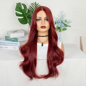 Perruque synthétique en dentelle pour femmes, avec cheveux longs bouclés rouge vin moyen et grandes boucles ondulées