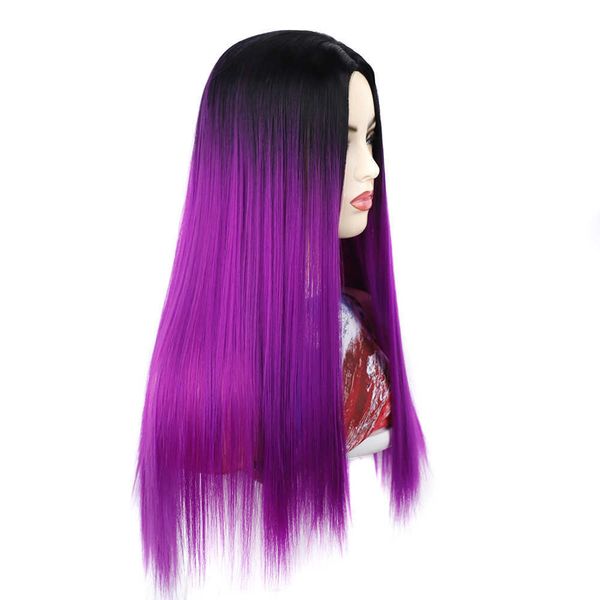 Perruque cédante cheveux longs raides perruque couvre-tête noir dégradé raisin violet fendu cheveux longs raides perruque couvre-tête