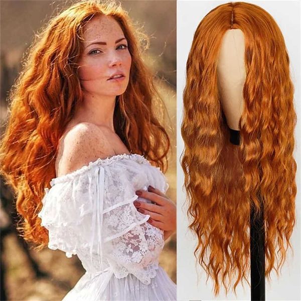 Perruque cédante pour femme, barbe de maïs, style long, en fibre chimique, couvre-tête fendu, cheveux longs et bouclés