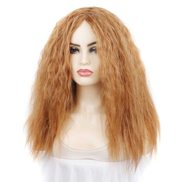 Cédant femmes perruque tête ensemble brun clair moyen fendu longs cheveux bouclés ensemble de tête complète maïs perm moelleux cheveux bouclés perruque