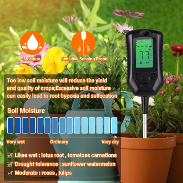 Yieryi nouveau 4 en 1 pH-pH mètre monture humide de la lumière du soleil thermomètre thermomètre jardinefing plantes fleur capteur de sol fleur avec lampe noire