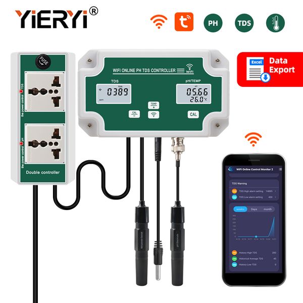 Yieryi New WiFi Smart Aquarium Ph tds Metter Hydroponics Spa Tester en ligne avec sortie de relais 0 ~ 19990 ppm Pureté de l'eau PPM / T TESTER