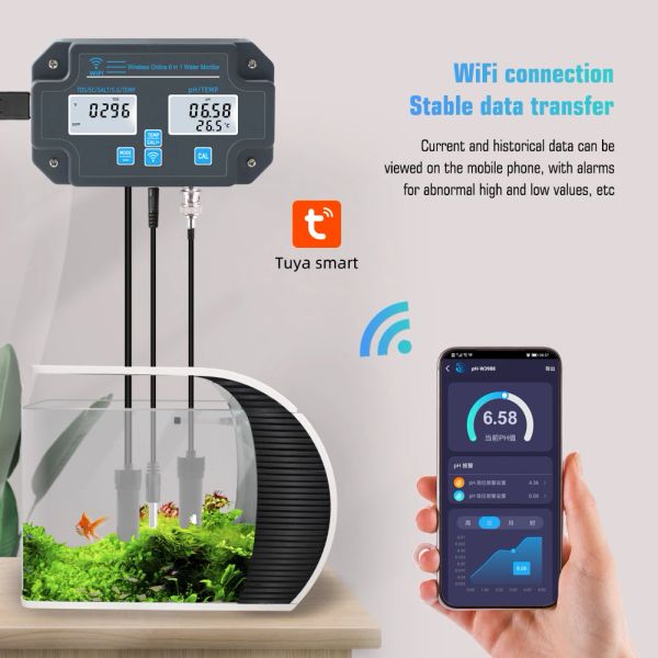 Yieryi Smart Wifi Aquarium Agua de mar Salinidad Medidor de calidad del agua Ph EC TD Temperador de sales Temperador de datos Monitor para peces de pescado