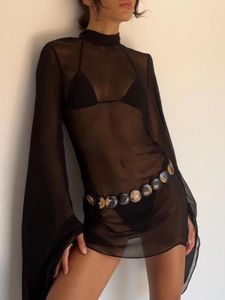 Yiiciovy Sexy Women Bikini Cover-Up Robe Black Flare Sleeve Turtleneck See-Through Solid Summer Mini pour la plage de plage