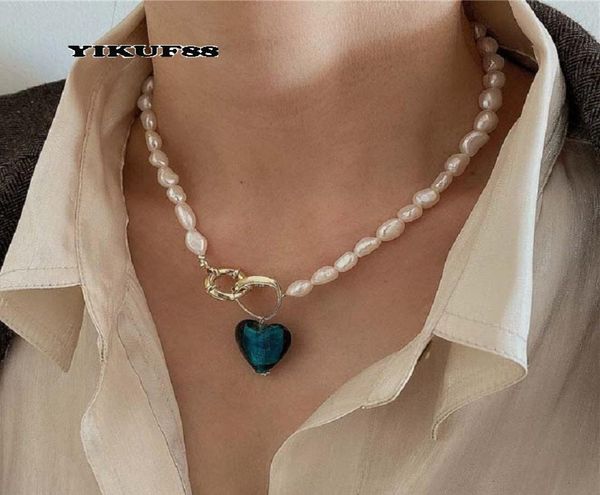 Yikuf88 S925 Silver Silver Women Vintage Natural Pearl Blue Love Géométrique Collier féminin Baroque1381169