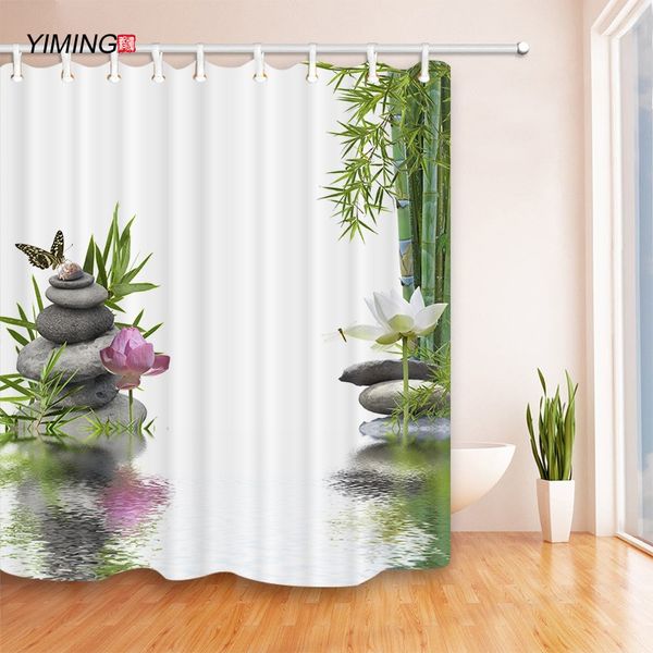 YIMING Cortina de ducha de poliéster de bambú de piedra decoración del hogar cortina de moho impermeable cortina de ducha de baño cortinas lavables 201030