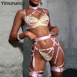 Yimunancy 3-delige kanten lingerie set vrouwen borduurwerk bloemen halter bh bras   string ondergoed set roze verband sexy bhs set 220513