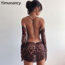 Yimunancy imprimé léopard dos nu Dres à manches longues robe en maille printemps licou Transparent Sexy Club robe Vestidos 220509