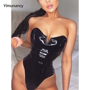 Yimunancy pu leer sexy bodysuit dames strapless v vorm bodycon dames dunne zwarte clubkleding 240423