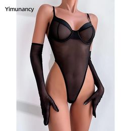 Yimunancy pur maillot bodySuit Femmes patchwork gants maigres high coupés noirs backless club corps femme 240423
