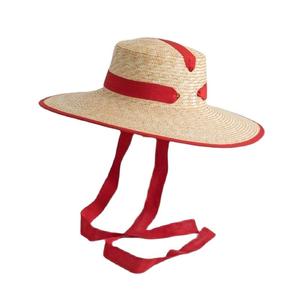 Yimuxu Flat-top Wheat Ladies Sombrero de paja Ribete Streamer Cuello blanco Moda francesa Moda Sombrilla Mujeres Sun Cap Sombreros de ala ancha