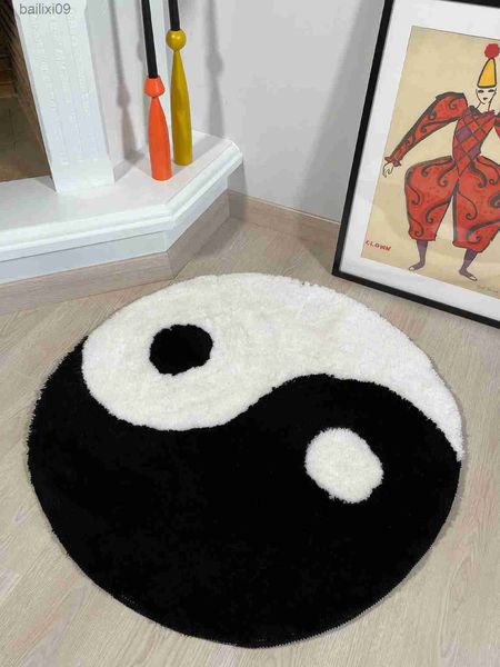 Símbolo Yin y Yang Fluffy Circle Alfombra suave Círculo blanco y negro Alfombra digital para dormitorio con característica china T230519