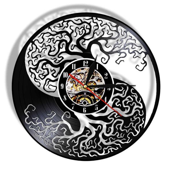 Yin y Yang Yggdrasil Árbol de la vida Disco de vinilo Reloj de pared Feng Shui Zen Reloj de pared Taijitu Símbolo de equilibrio Luz LED espiritual 210930