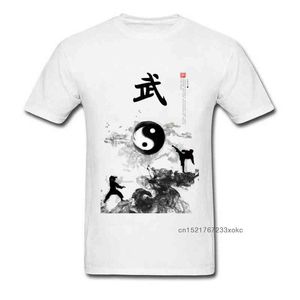 Yin yang kung fu chinese traditionele water inkt schilderij mannen witte t-shirt korte mouw katoenen t-shirt uniek ontwerp G1222