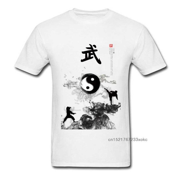 Yin Yang Kung Fu Chinois Traditionnel Encre À L'eau Peinture Hommes T-shirt Blanc À Manches Courtes Coton T-shirt Conception Unique 210629