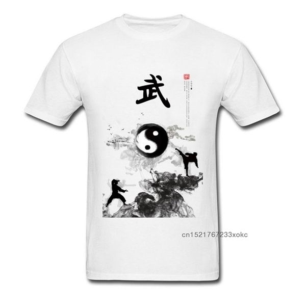 Yin Yang Kung Fu chino tradicional agua tinta pintura hombres blanco camiseta manga corta algodón camiseta diseño único 210716