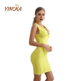 Yinoka vendaje vestidos bodycon vestidos cuello en v amarillo rojo rosa fiesta midi sexo noche clubwear celebridad noche vestido de lujo 210325