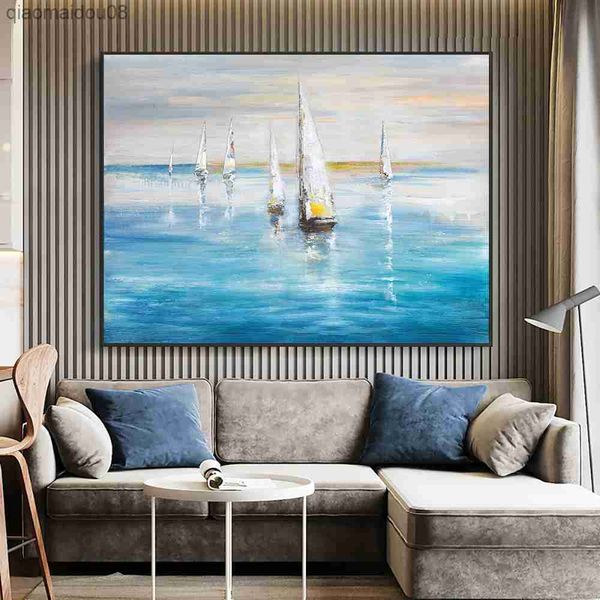 Yiqing barco de vela en el mar pintura 100% pintura al óleo pintada a mano lienzo abstracto moderno arte de pared para decoración del hogar L230704