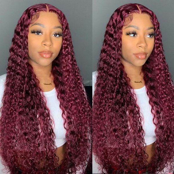 Yirubeauty 99J HEIRS INDIEN HUMAINS CURNYE CURLY 13X4 Perruque avant en dentelle 10-32 pouces en partie gratuite Couleur bordeaux 130% 150% 180% densité