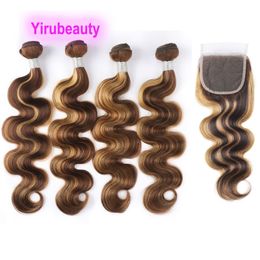 Yirubeauty Double Trames Péruvienne Cheveux Humains 4 Bundles Avec 4X4 Dentelle Fermeture P4 27 Corps Vague 10-30 pouces 5 PCS