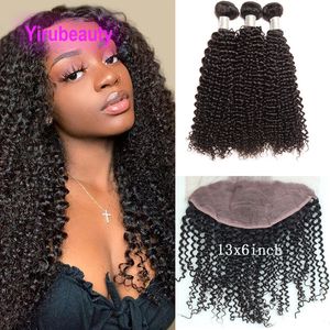 Yirubeauty Maleisische Menselijk Haar 3 Bundels Met 13x6 Kant Frontale Kink Krullend 4 stks/partij 10-30 inch Natuurlijke Kleur