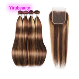 Yirubeauty Maleisische mensenhaar inslag 4 bundels met 4x4 kanten sluiting P4/27 Piano Color Body Wave rechte 5 pc's