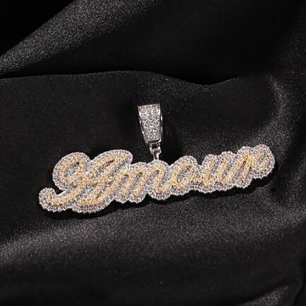 YISHOP4U – collier avec nom personnalisé, lettre de script édouardienne initiale glacée blanc rose CZ, pendentif personnalisé pour femmes, bijoux hip hop