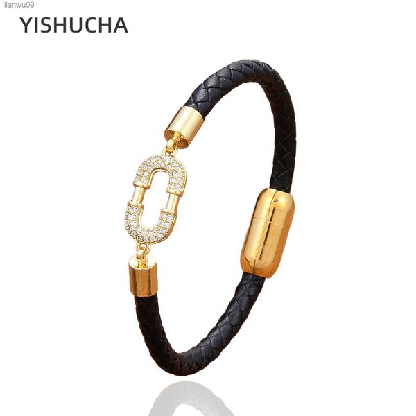 YISHUCHA Simple Shiny Charm Zircon Pulseras Pulsera de cadena de cuero Color dorado Metal Broche de acero inoxidable Joyería Niñas Regalos L230704