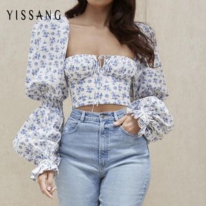 Blouses voor dames yissnag bloemenprint lange puff mouw herfst top bodycon vierkante kraag slanke dames blouse sexy winter tops chiffon shirt