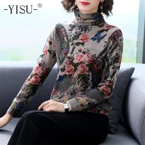 Yisu Turtleneck Sweater Vrouwen lange mouw warme pullover mode Chinese stijl bedrukte trui trui jumper tops gebreide truien vrouwen 201221