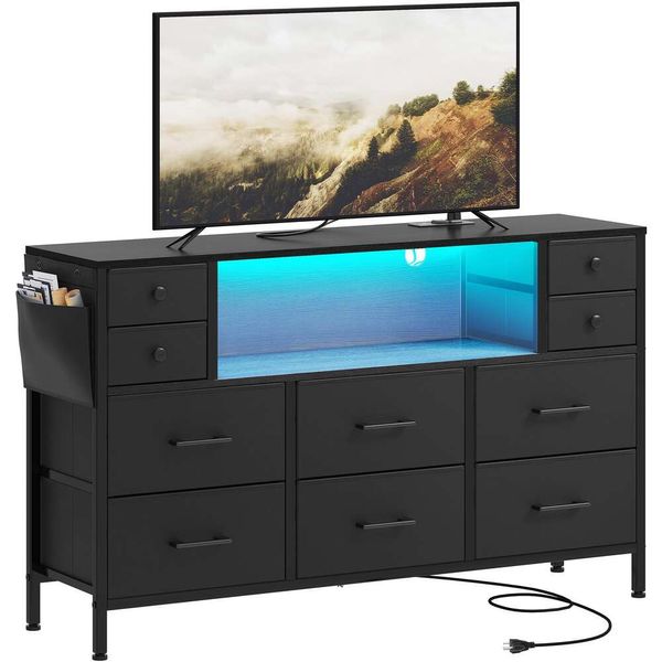 Station de charge Yitahome, stand 55 '' TV, 10 commode Bedro, table de console télévisée avec les crochets de poches latérales, unité de tiroir en tissu de rangement pour