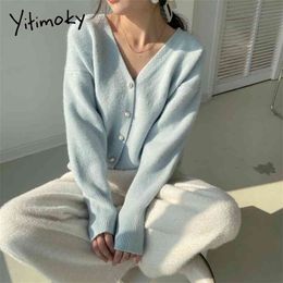 Yitimoky Cardigan femmes pull automne mode coréenne bleu col en v tricoté dame vêtements solide décontracté rose chaud lâche manteau 210918