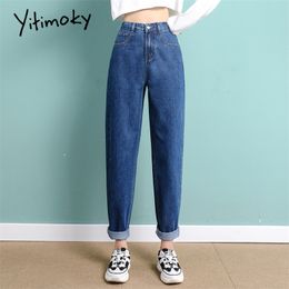 Yitimoky Taille Haute Jeans Femme Droite Ciel Bleu Denim Pantalon Plus La Taille Élastique Lavé Casual Vintage Streetwear Maman Jeans Femmes 201029